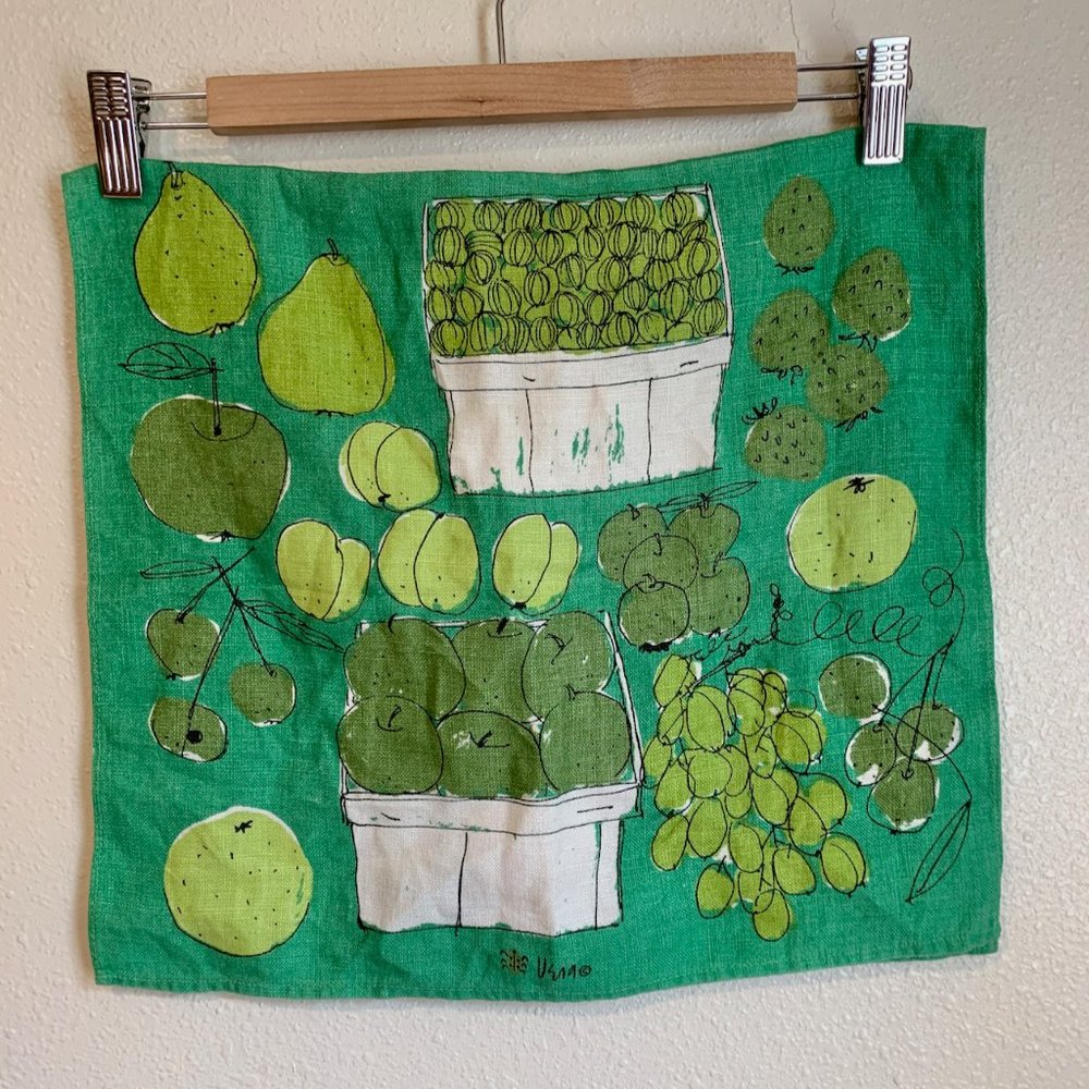 Vtg Vera Neumann Green MCM Linen Kitchen Towel
